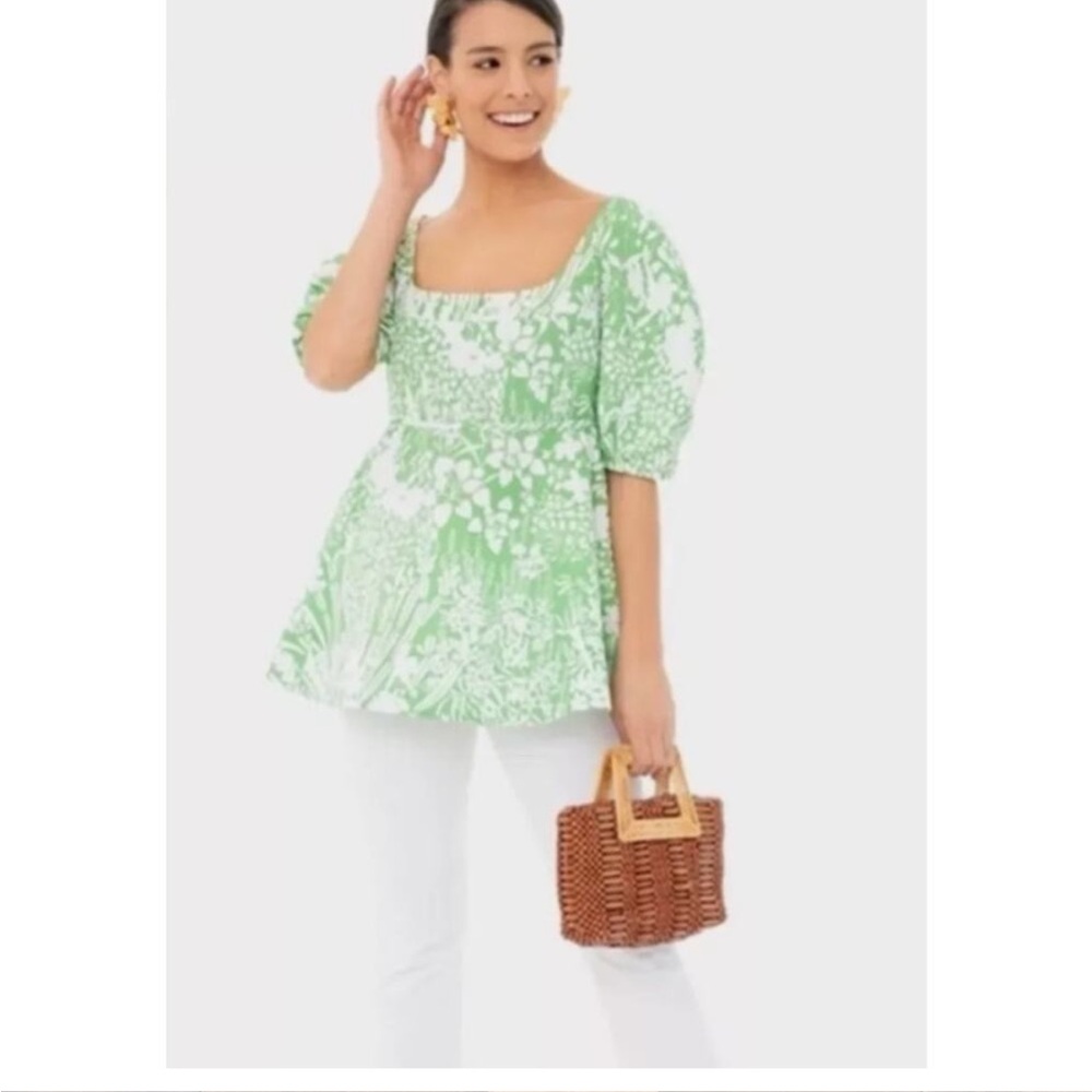Tuckernuck Green and White Floral Puff-Sleeve Peplum Blouse